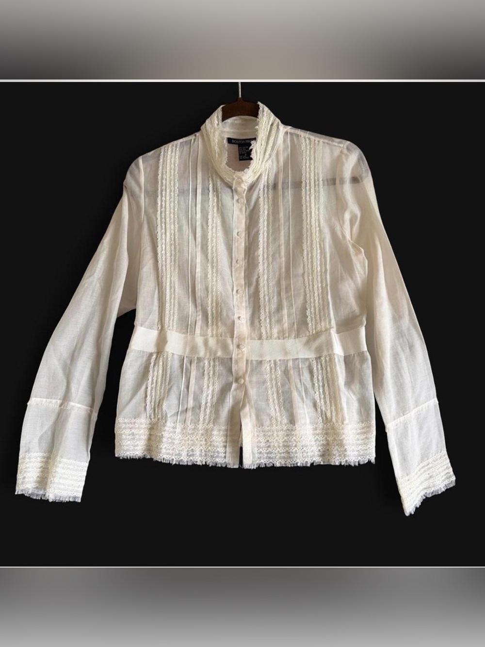 Boston Proper White Sheer Lace-Trim Button Front Blouse Structured size 8